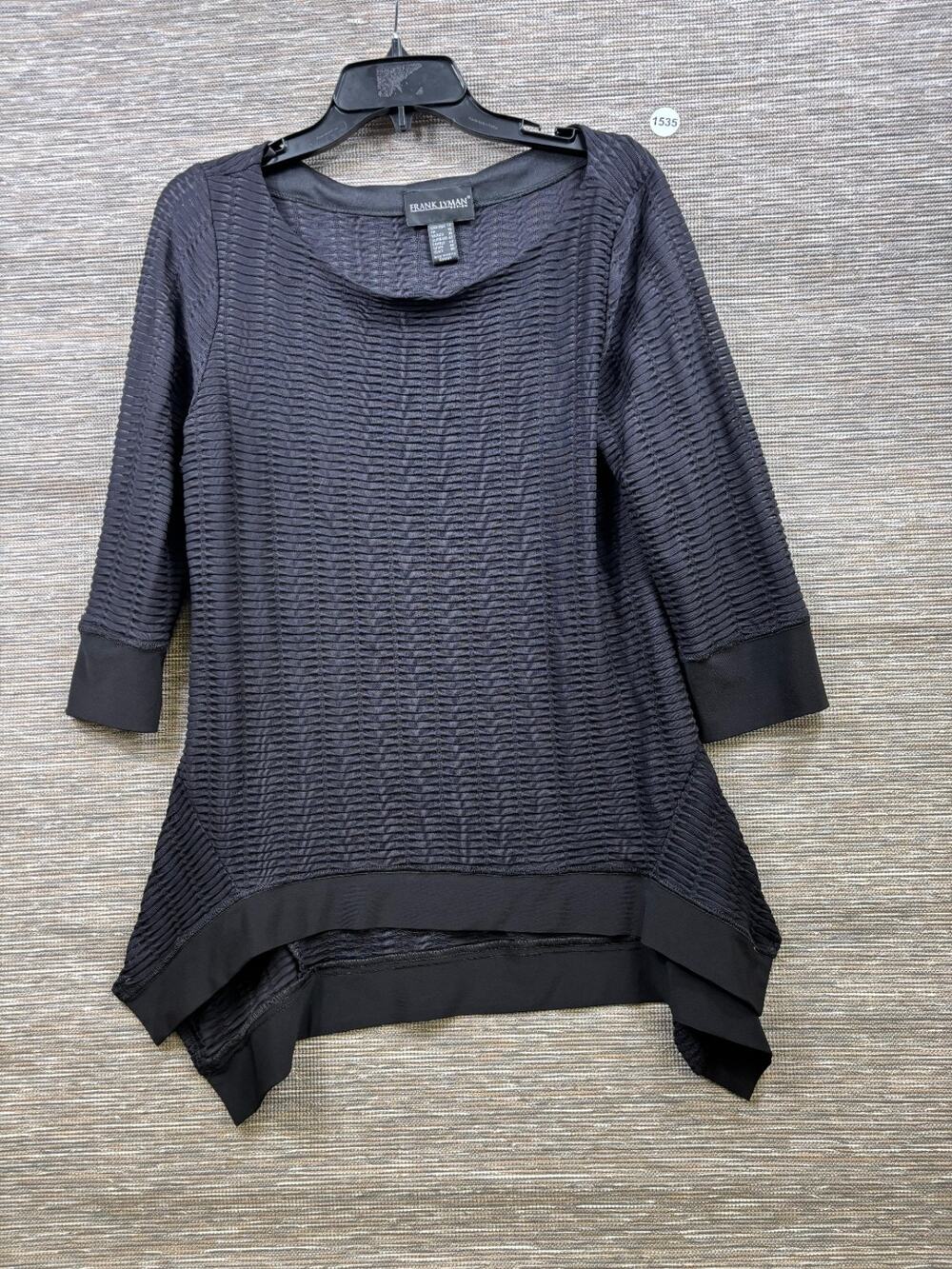 Frank Lyman Tunic Blouse Womens Size 14 Black 3/4 Sleeve Assymetric Hem